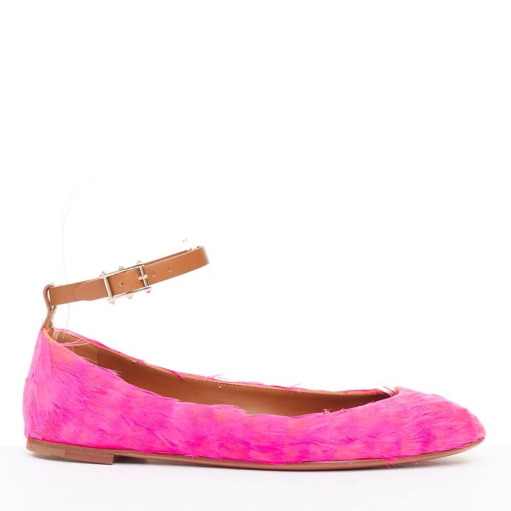 Valentino feather leather ankle strap ballet flats